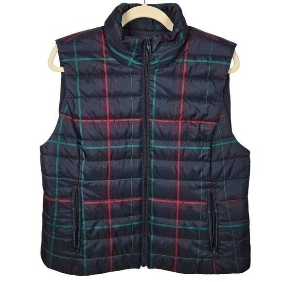 LOFT Jackets & Blazers - Ann Taylor‎ Loft Womens Large Navy Blue Plaid Quilted Puffer Vest Sleeveless